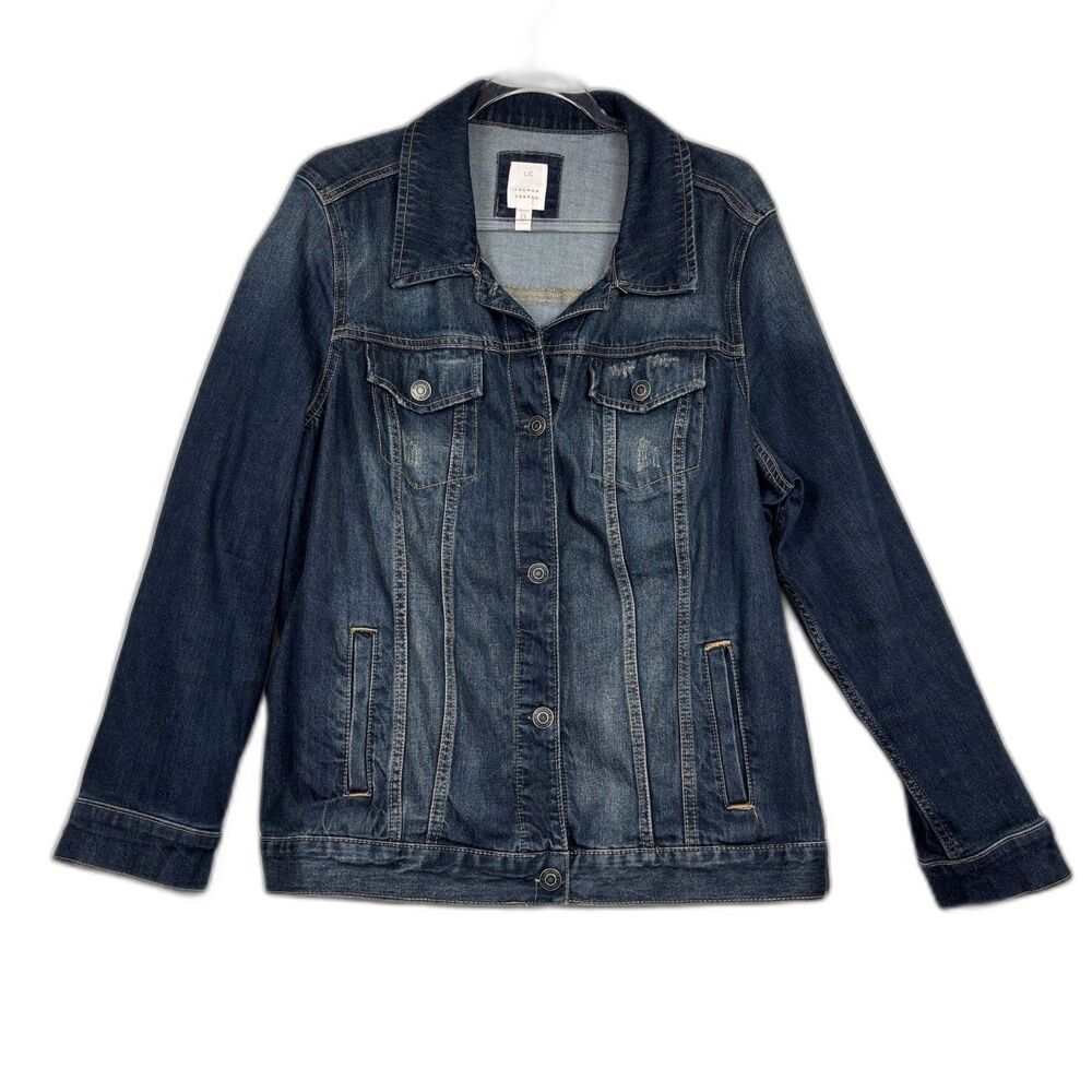 LC Lauren Conrad Distressed Denim Trucker Jacket 2X Dark Wash Casual Western